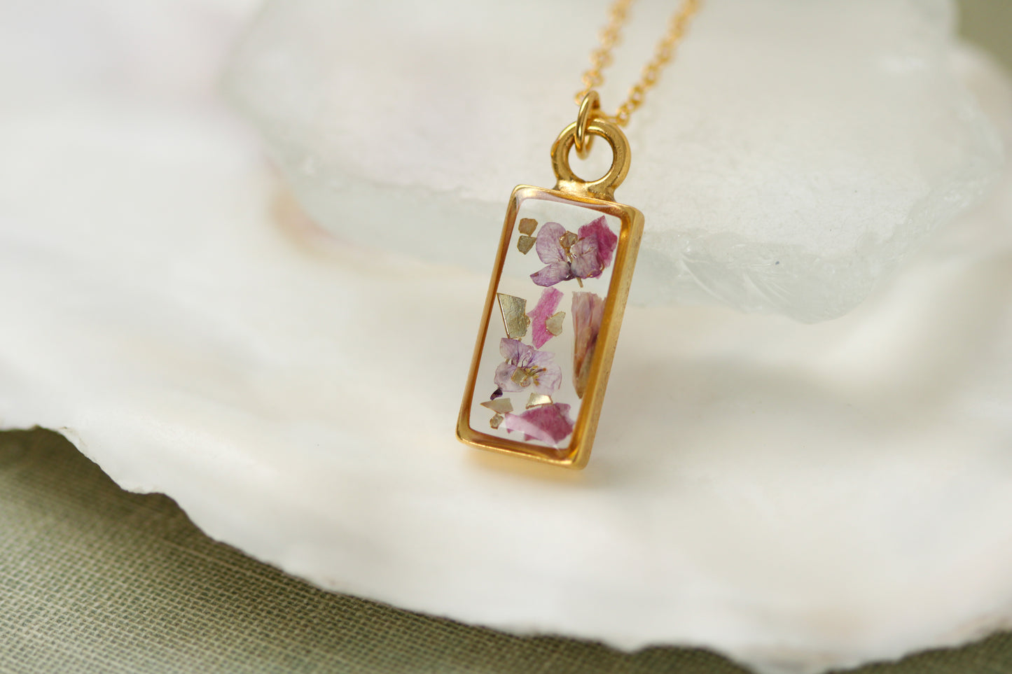 Gold Mini Rectangle Necklace with Pink and Purple Flowers | Handmade Resin Floral Necklace
