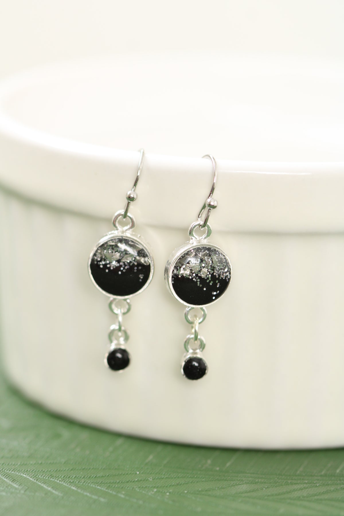 Black and Silver Small Sparkly Dangle Earrings
