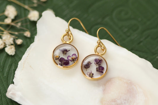 Gold Mini Circle Earrings with Purple Flowers