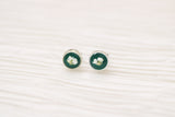 gold and dark green circle stud earrings with white dried alyssum flower handmade in clay with resin
