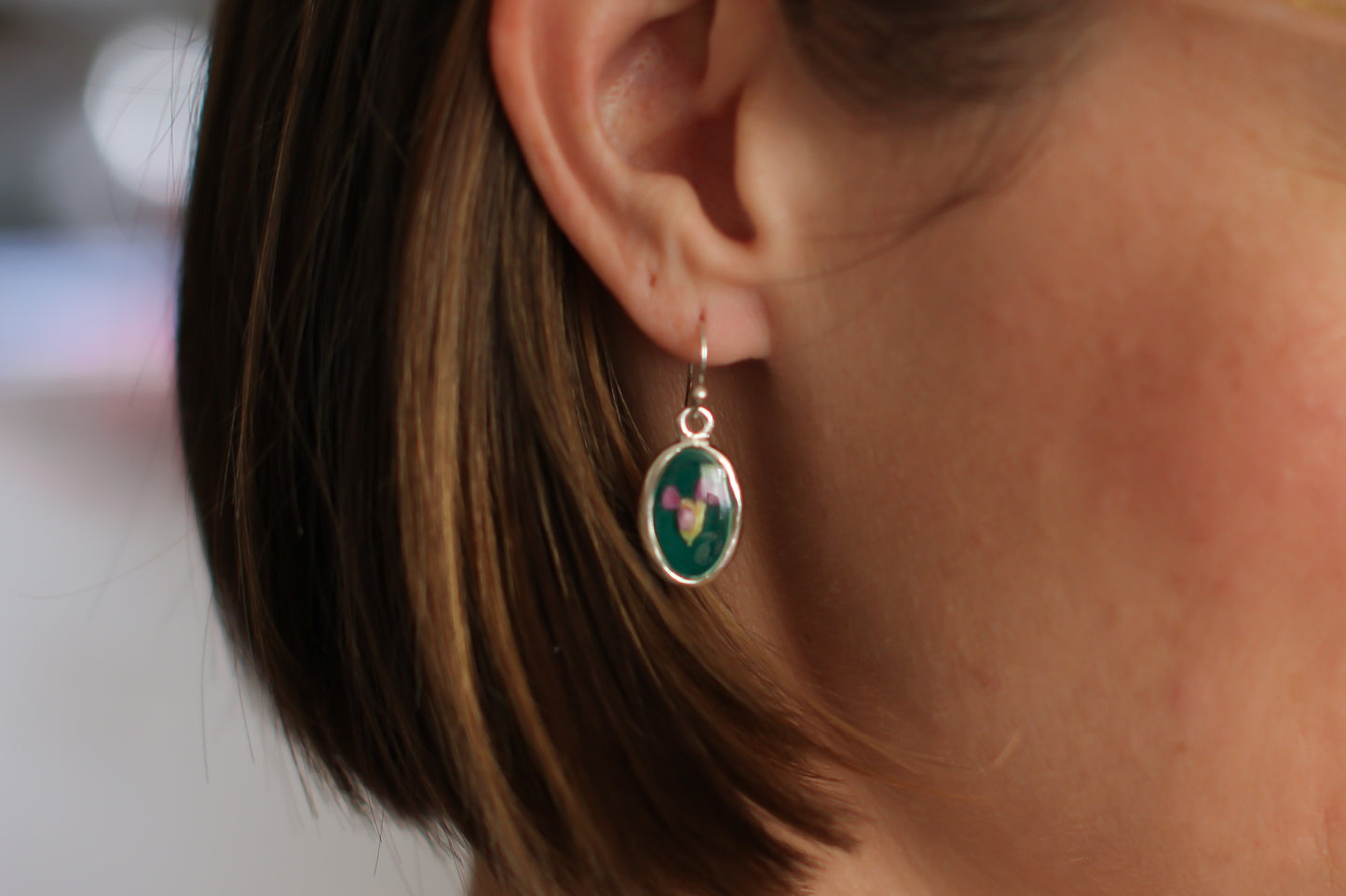Green and Silver Oval Earrings with Purple Yarrow Flower | Handmade Resin and Flower Earrings