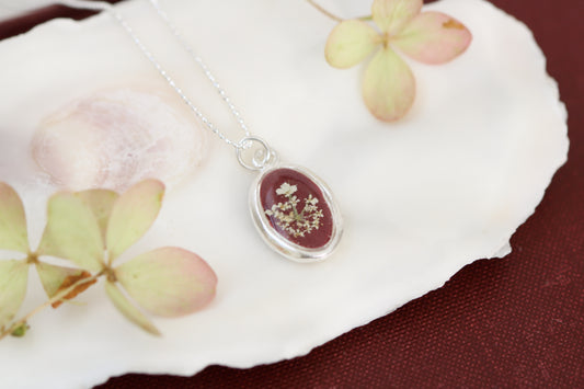 Burgundy Queen Anne’s Lace Tiny Oval Necklace in Silver- Real Flowers in Resin Handmade Necklace Jewelry