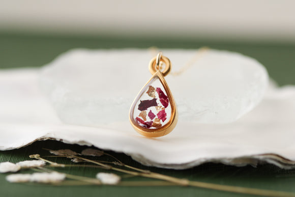 Dried Rose Petal Teardrop Necklace in Gold