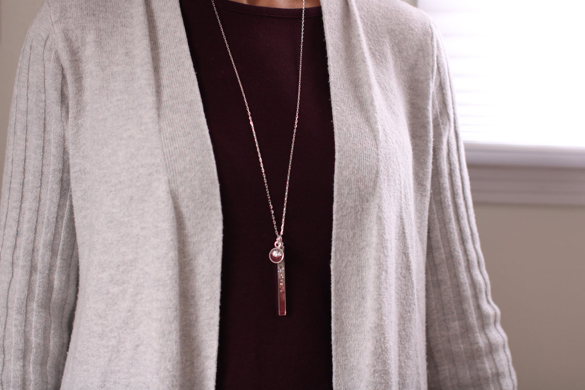 Silver and Burgundy Long Sparkly Bar Necklace
