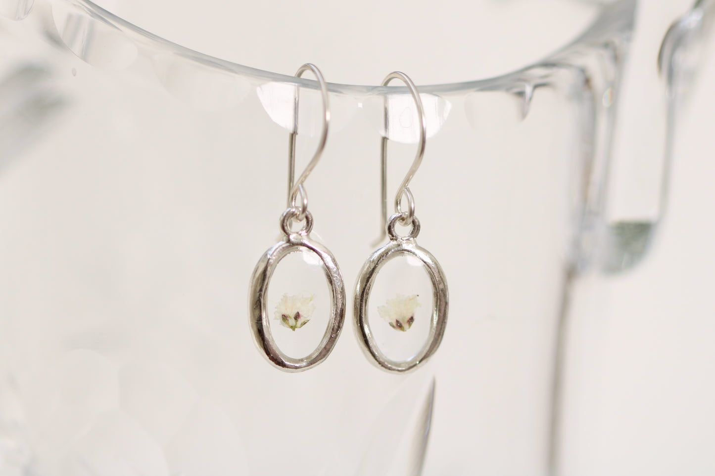 Silver and Baby's Breath Oval Dangle Earrings | Handmade Pressed Flower Earrings
