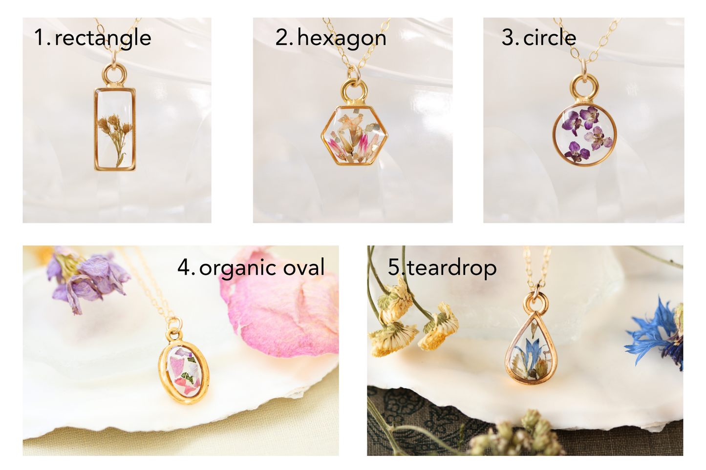 custom small handmade resin and dried flowers necklace in gold