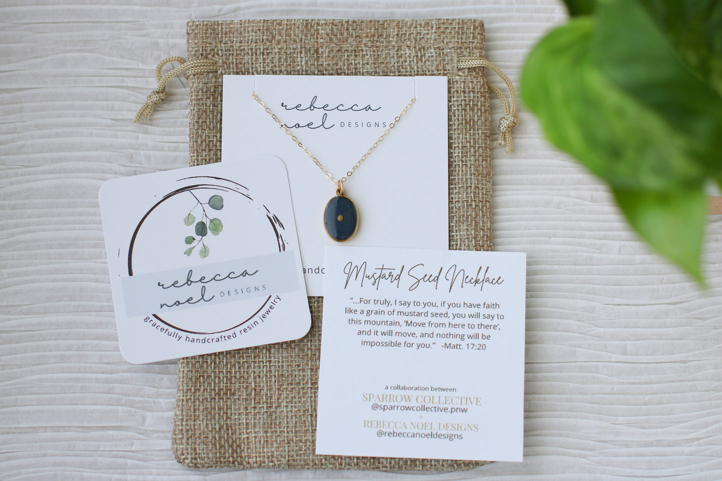 mustard seed necklace with gift pouch and verse card
