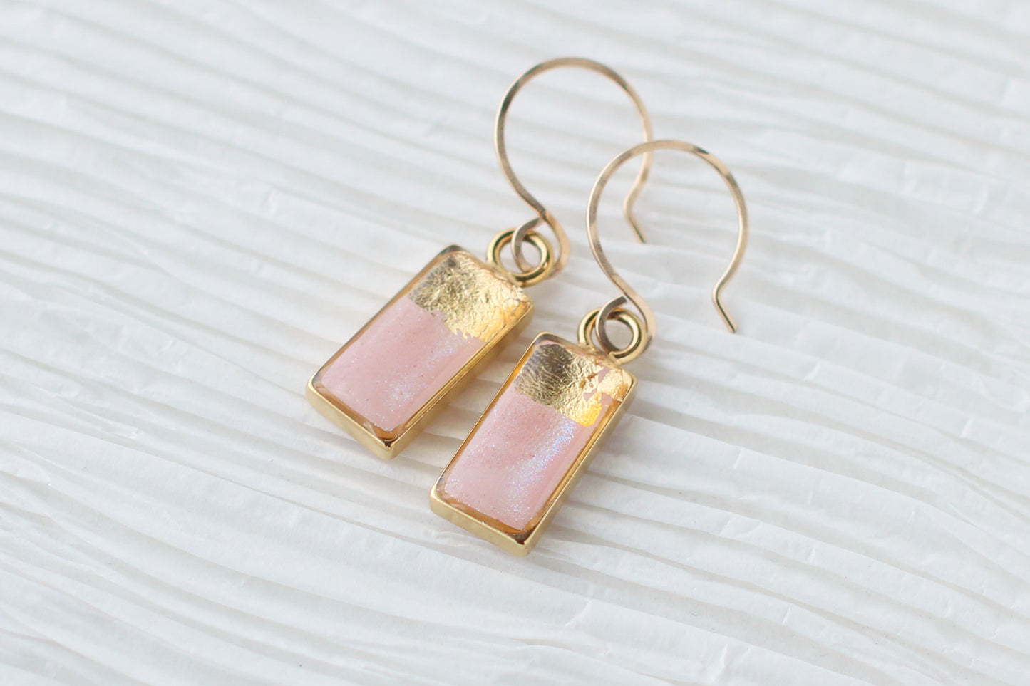Silver and Pink Rectangle Shimmer Dangle Earrings | Handmade Resin and Clay Earrings