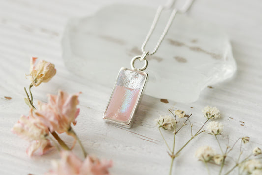 Silver and Pink Shimmer Rectangle Charm Necklace | Handmade Resin and Clay Necklace