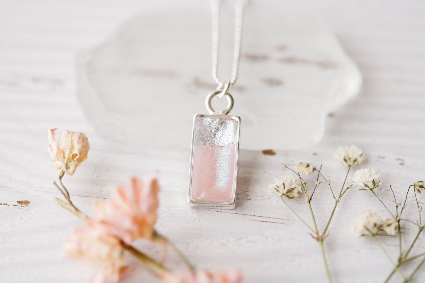 Silver and Pink Shimmer Rectangle Charm Necklace | Handmade Resin and Clay Necklace