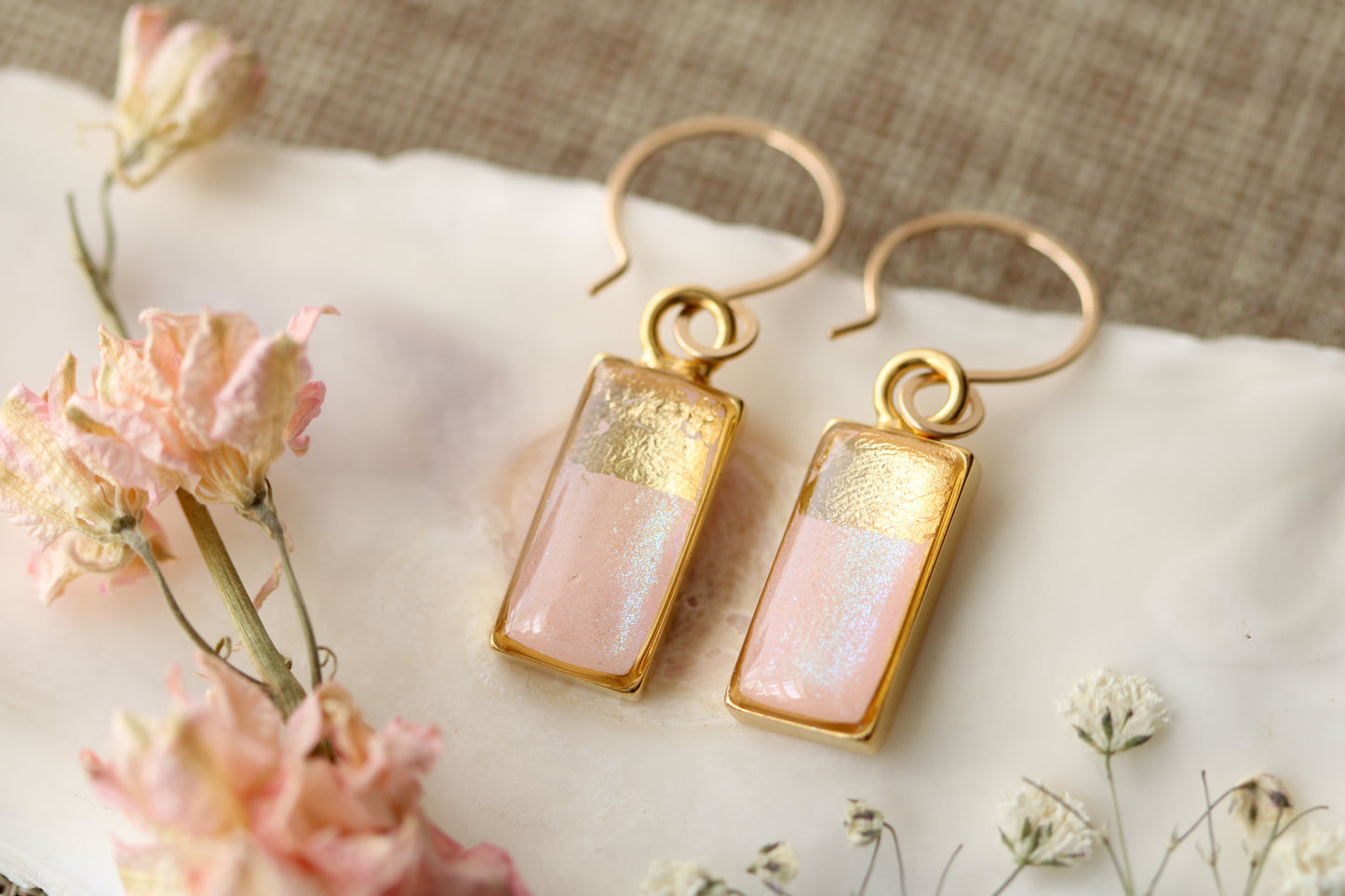 Silver and Pink Rectangle Shimmer Dangle Earrings | Handmade Resin and Clay Earrings