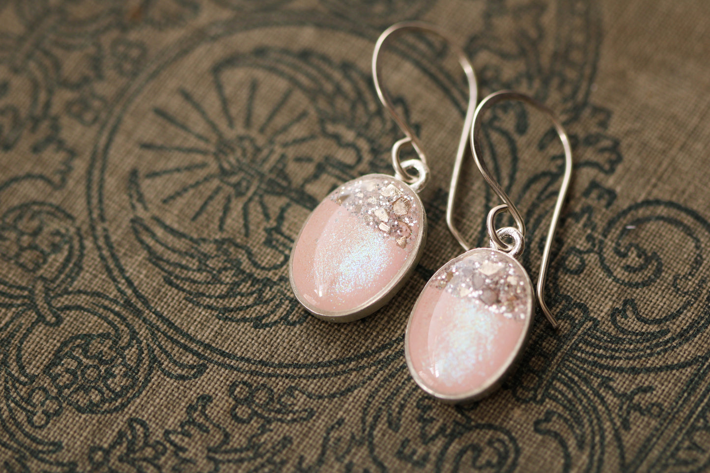 Silver and Pink Glitter Oval Dangle Earrings | Handmade Resin and Clay Earrings