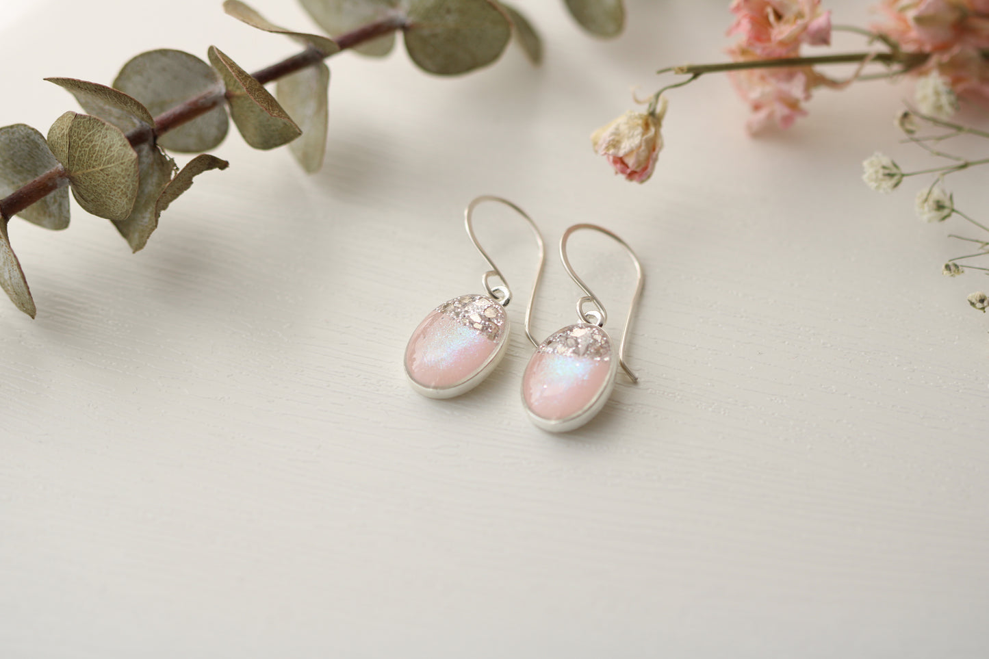 Silver and Pink Glitter Oval Dangle Earrings | Handmade Resin and Clay Earrings