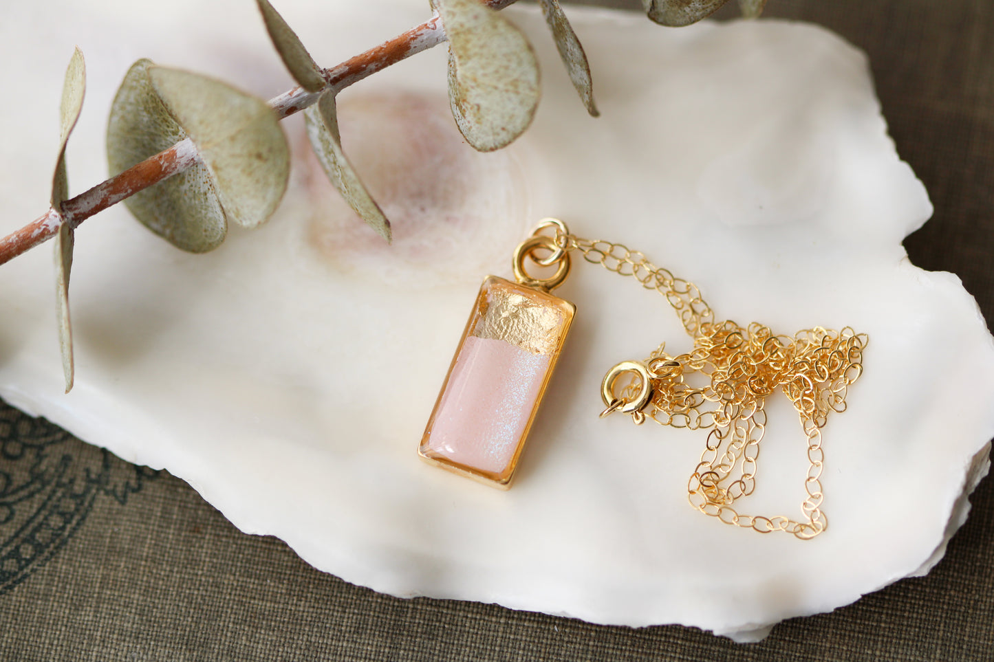 Gold and Pink Shimmer Rectangle Charm Necklace | Handmade Resin and Clay Necklace