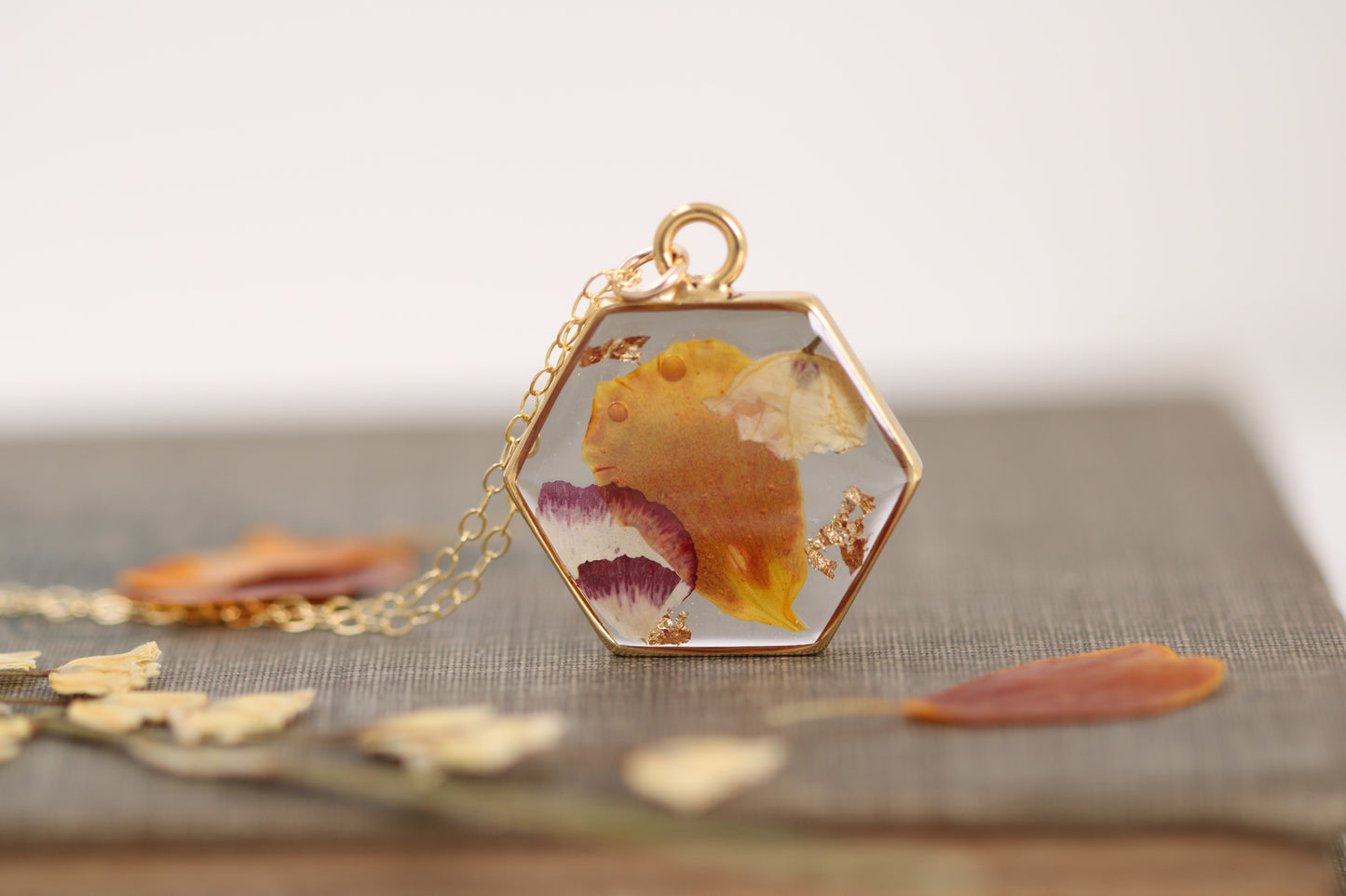 gold custom resin necklace flower preservation 