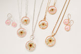 Silver and Pink Strawberry Flower Long Style Necklace | Handmade Resin and Clay Flower Necklace