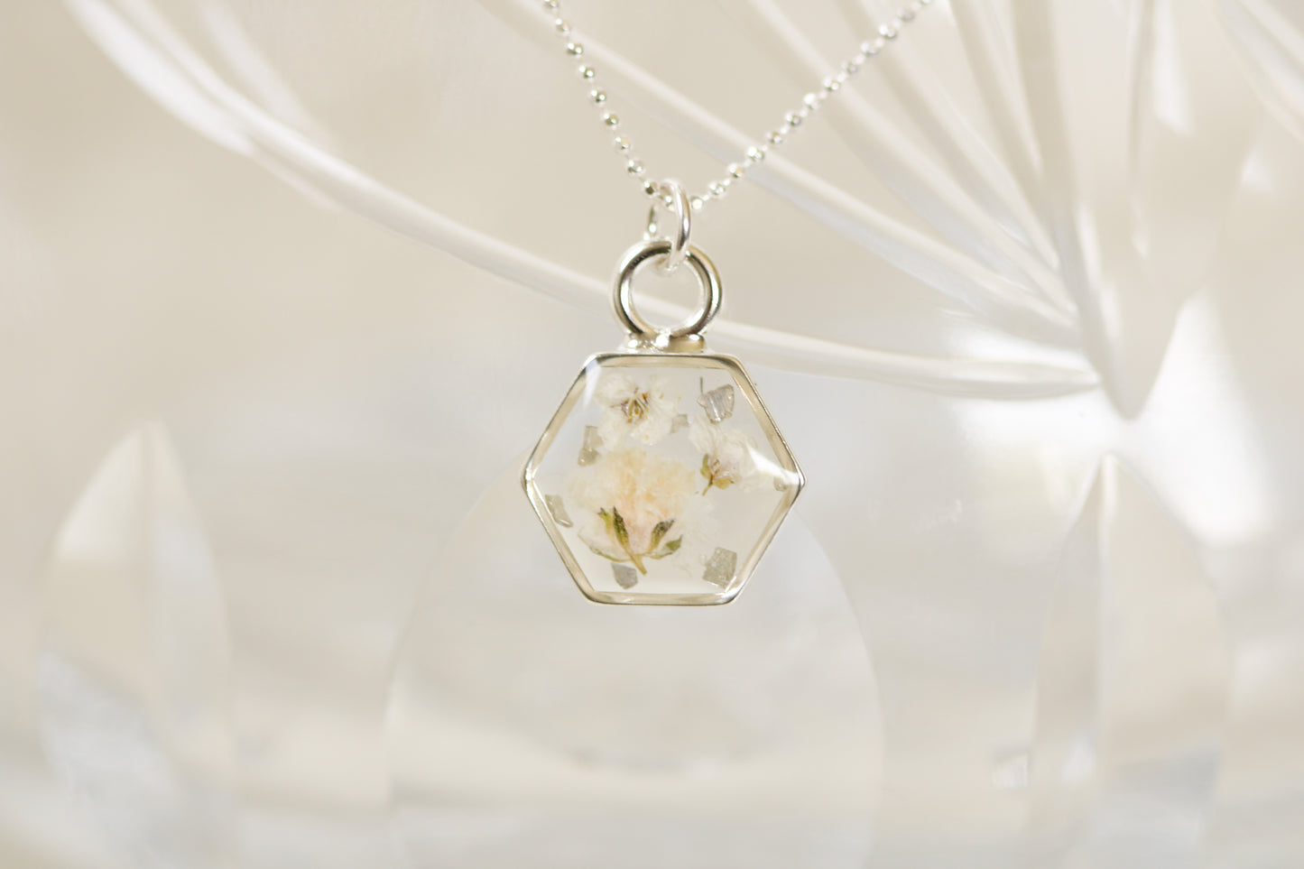 Silver Mini Hexagon Necklace with White Flowers