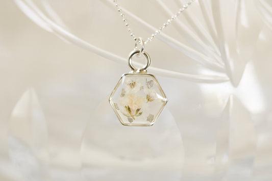 Silver Mini Hexagon Necklace with White Flowers