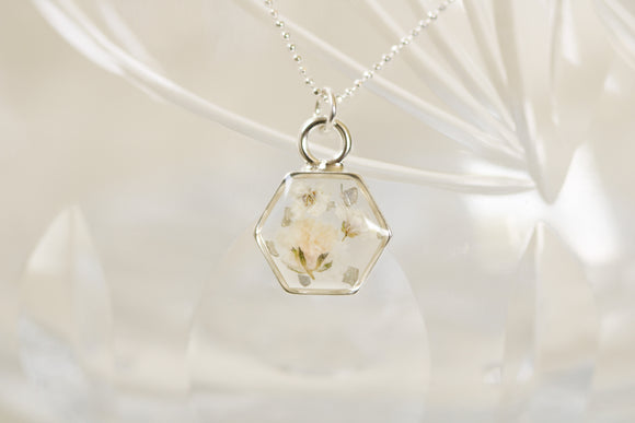 Silver Mini Hexagon Necklace with White Flowers