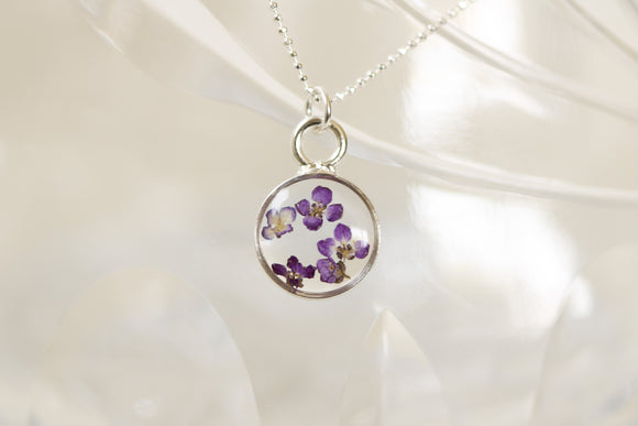 Silver Mini Circle Necklace with Purple Flowers