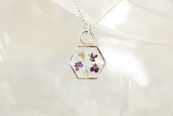 Silver Mini Hexagon Necklace with Purple and White Flowers
