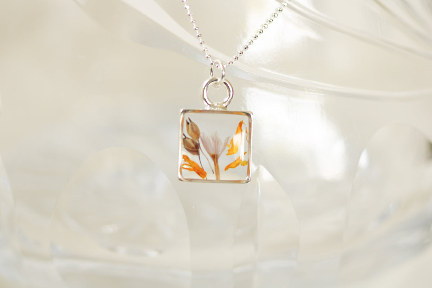 Silver Mini Square Necklace with Mixed Flowers