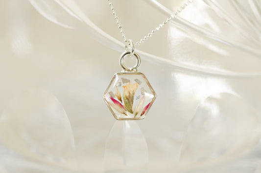 Silver Mini Hexagon Necklace with Pink Flowers