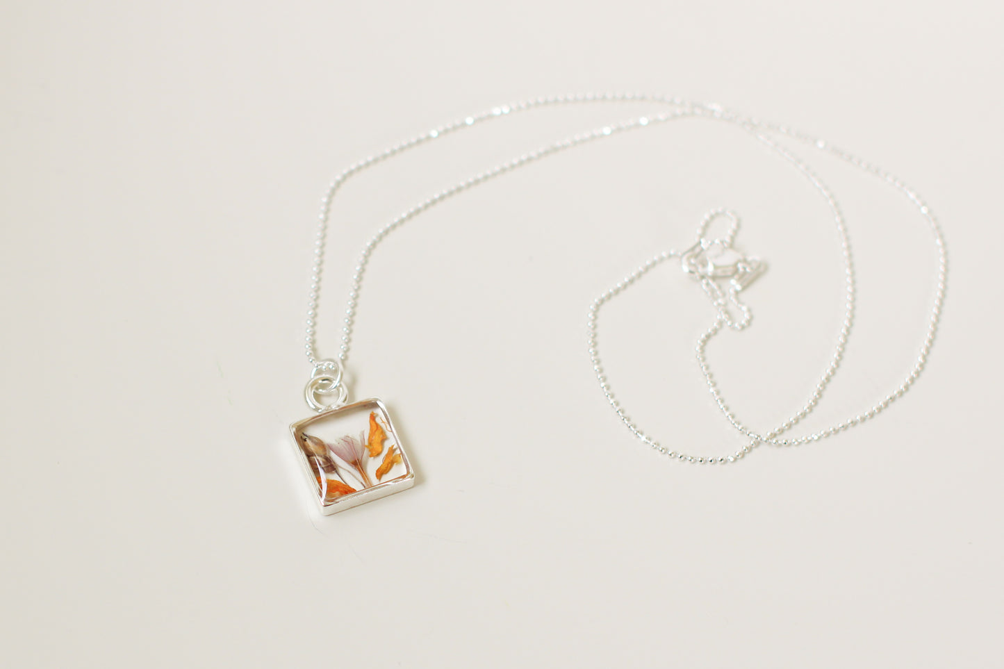 Silver Mini Square Necklace with Mixed Flowers