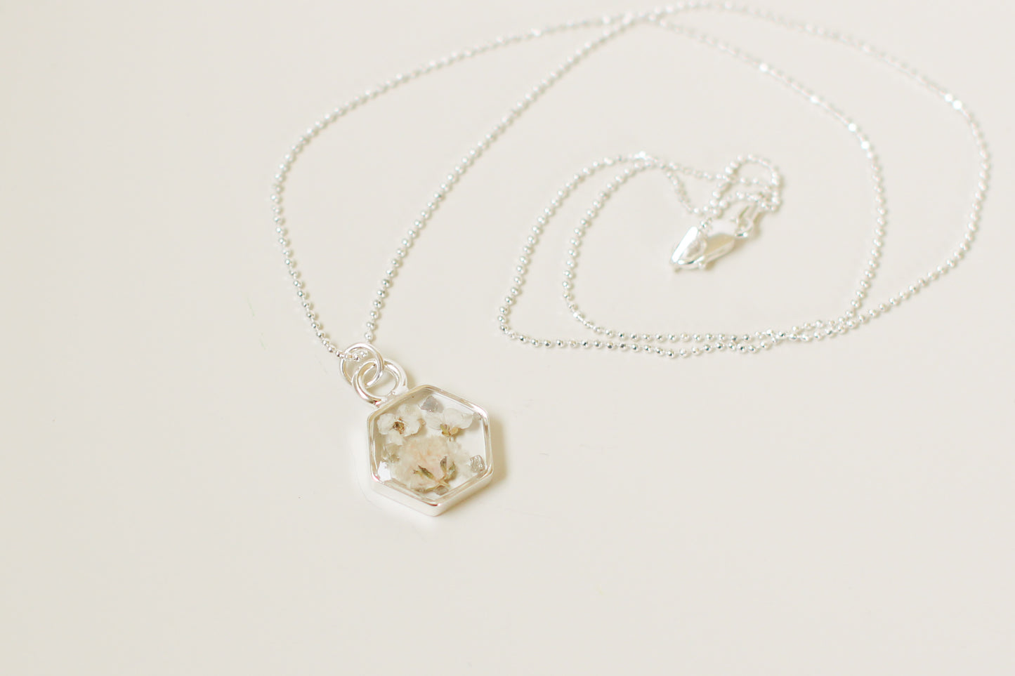 Silver Mini Hexagon Necklace with White Flowers