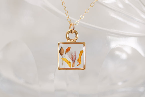 Gold Mini Square Necklace with Mixed Flowers