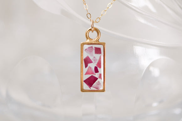 Gold Mini Rectangle Necklace with Rose Petals