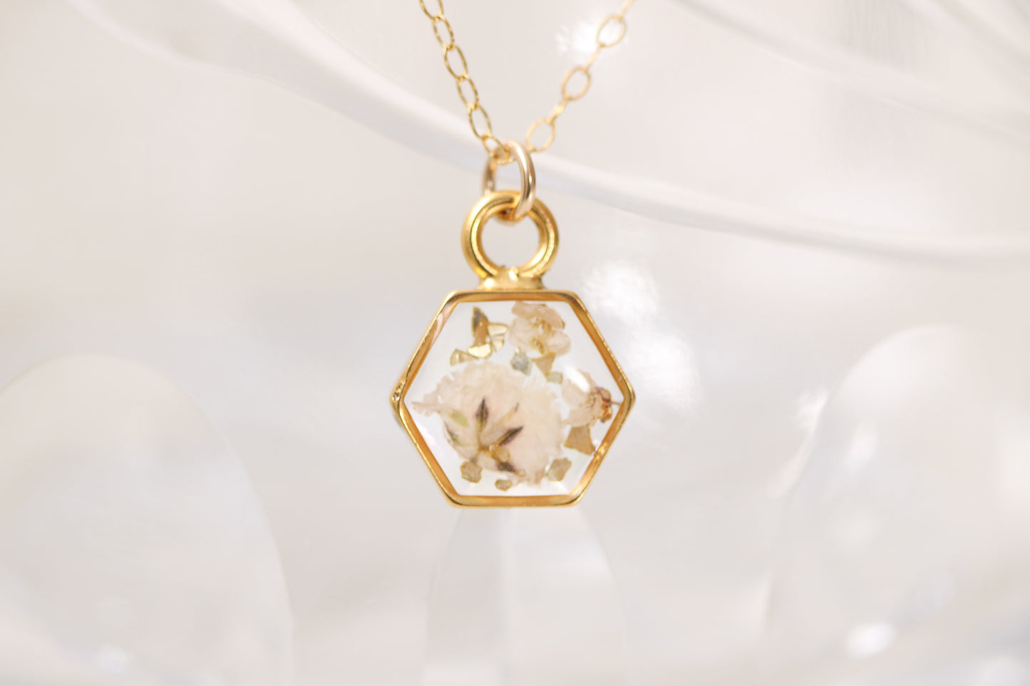 handmade resin and flower hexagon necklace in gold