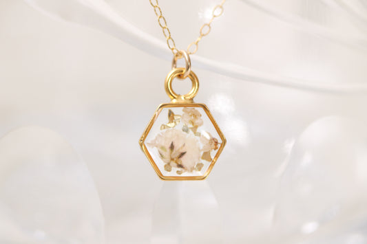 handmade resin and flower hexagon necklace in gold