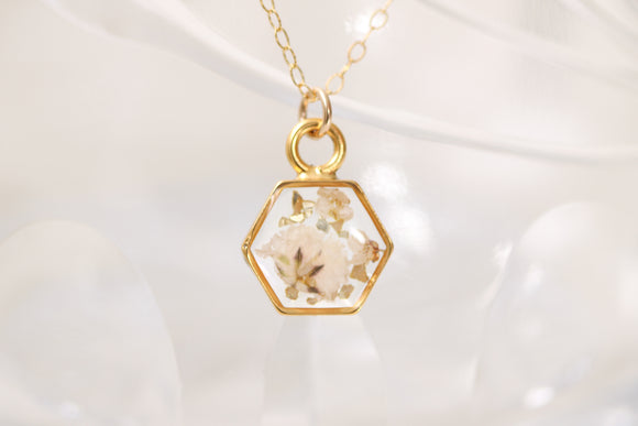 Gold Mini Hexagon Necklace with White Flowers