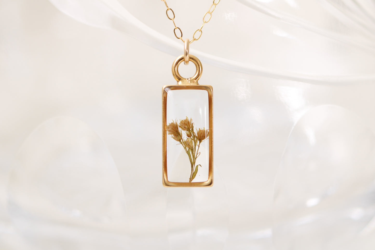 custom small handmade resin and dried flowers necklace in gold