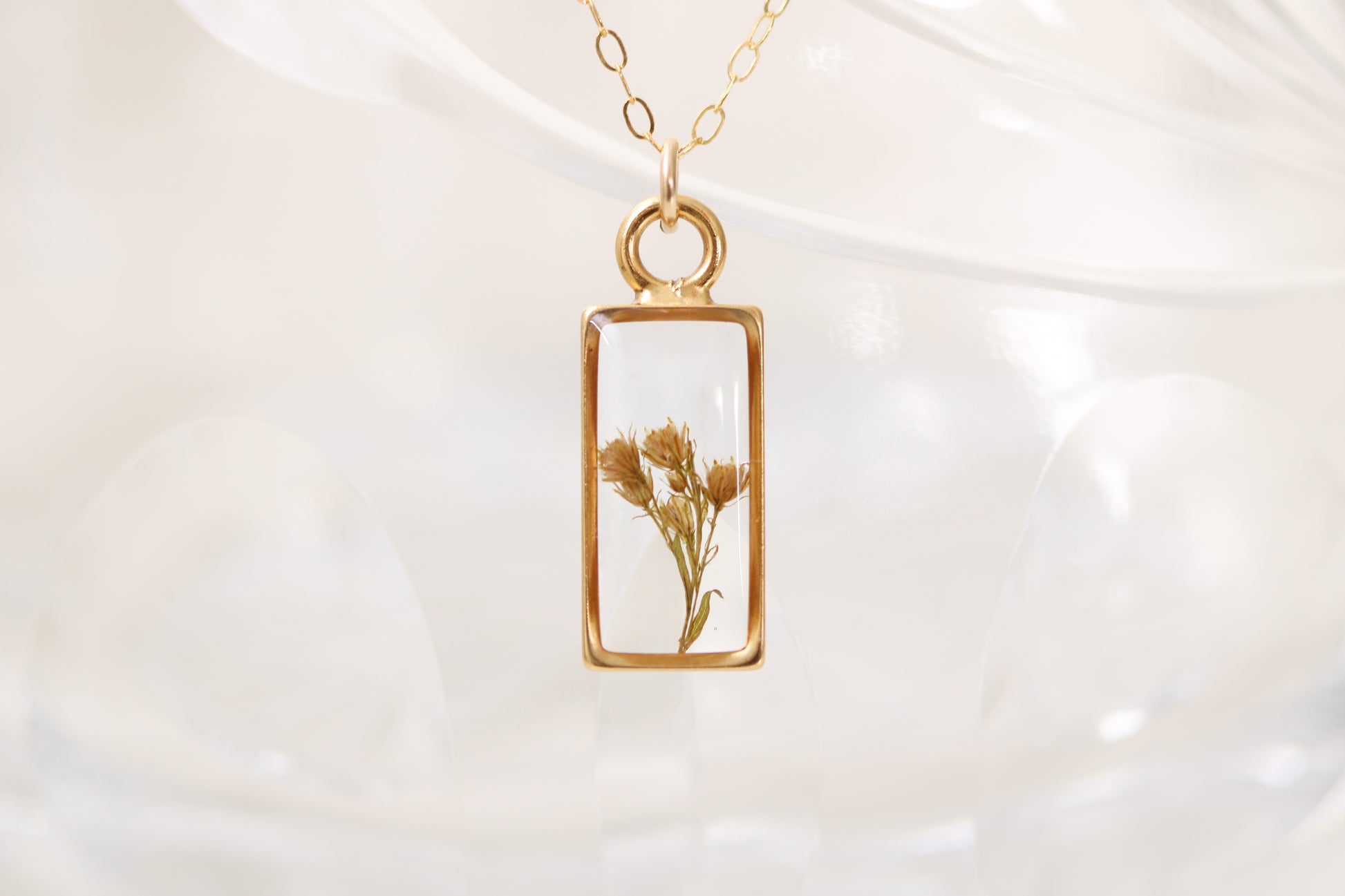 custom small handmade resin and dried flowers necklace in gold