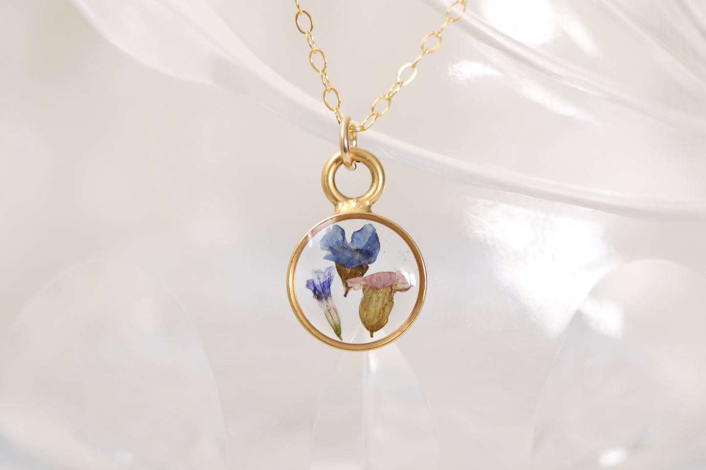 Gold Mini Circle Necklace with Blue Flowers