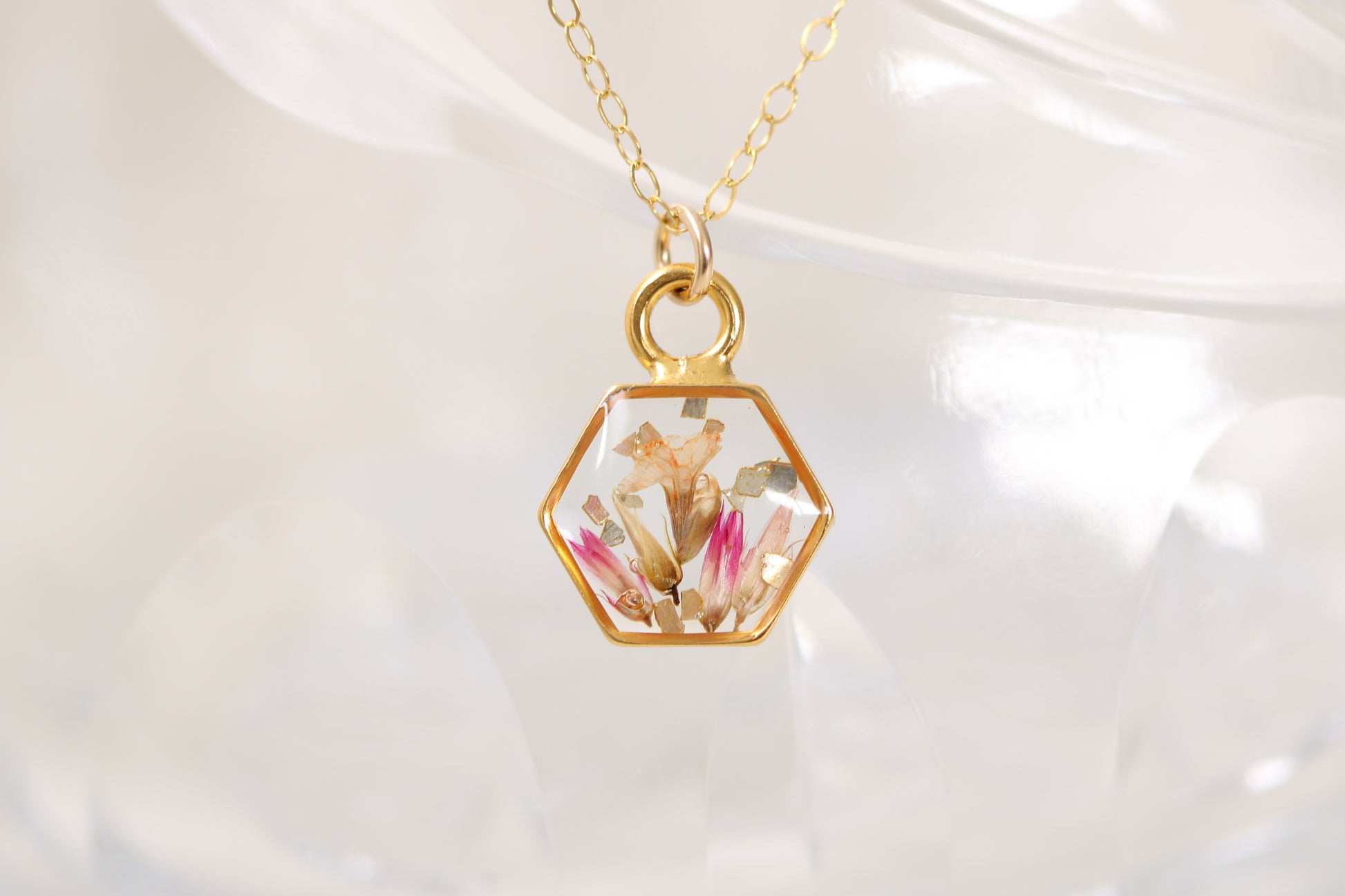 custom small handmade resin and dried flowers necklace in gold