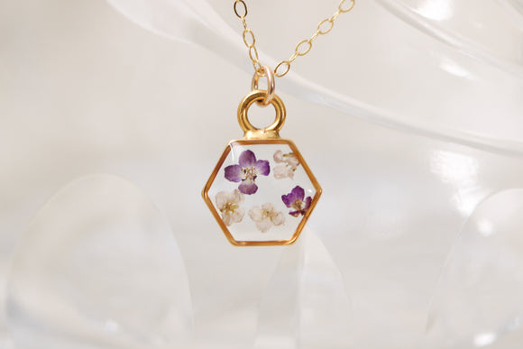 Gold Mini Hexagon Necklace with Purple and White Flowers