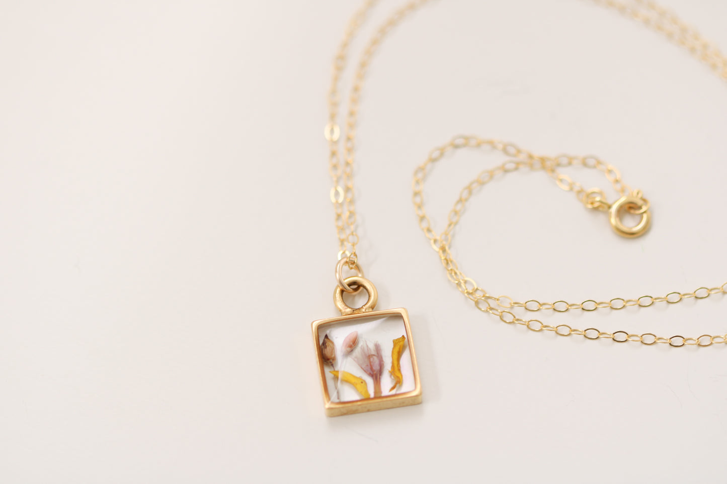 Gold Mini Square Necklace with Mixed Flowers