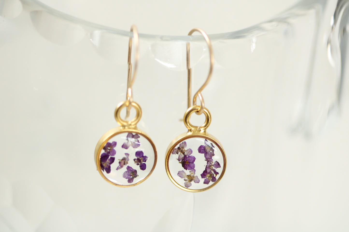 Gold Mini Circle Earrings with Purple Flowers