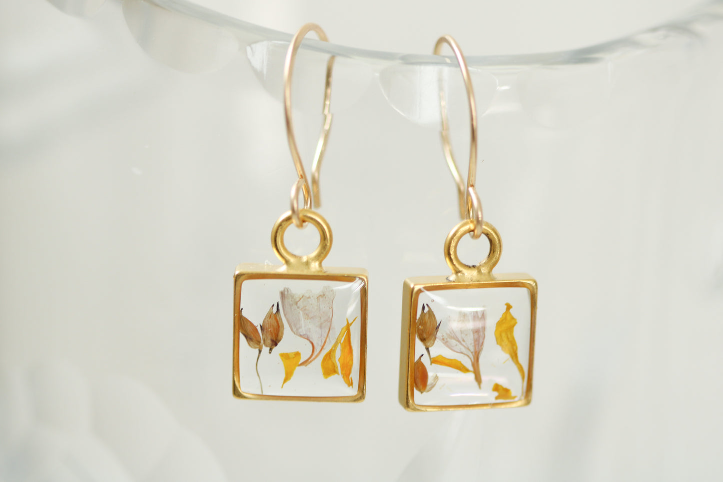 Gold Mini Square Earrings with Purple and Orange Flowers
