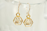 Gold Mini Hexagon Earrings with White Flowers