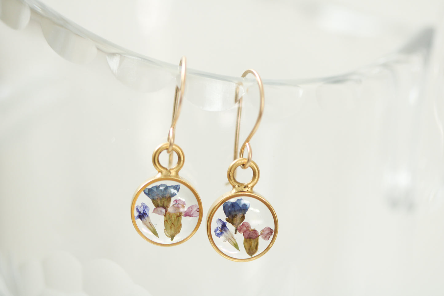Gold Mini Circle Earrings with Blue Flowers