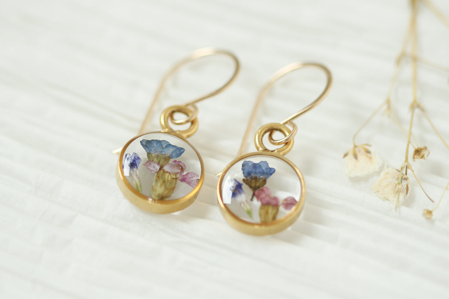 Gold Mini Circle Earrings with Blue Flowers