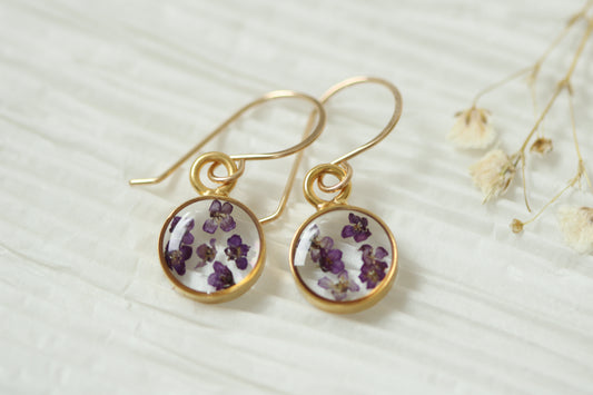 Gold Mini Circle Earrings with Purple Flowers