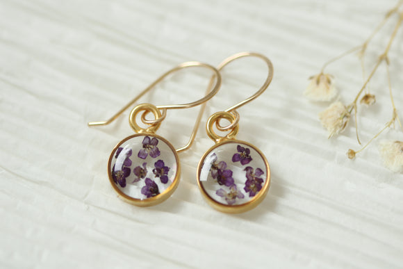 Gold Mini Circle Earrings with Purple Flowers