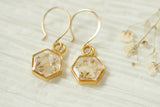Gold Mini Hexagon Earrings with White Flowers