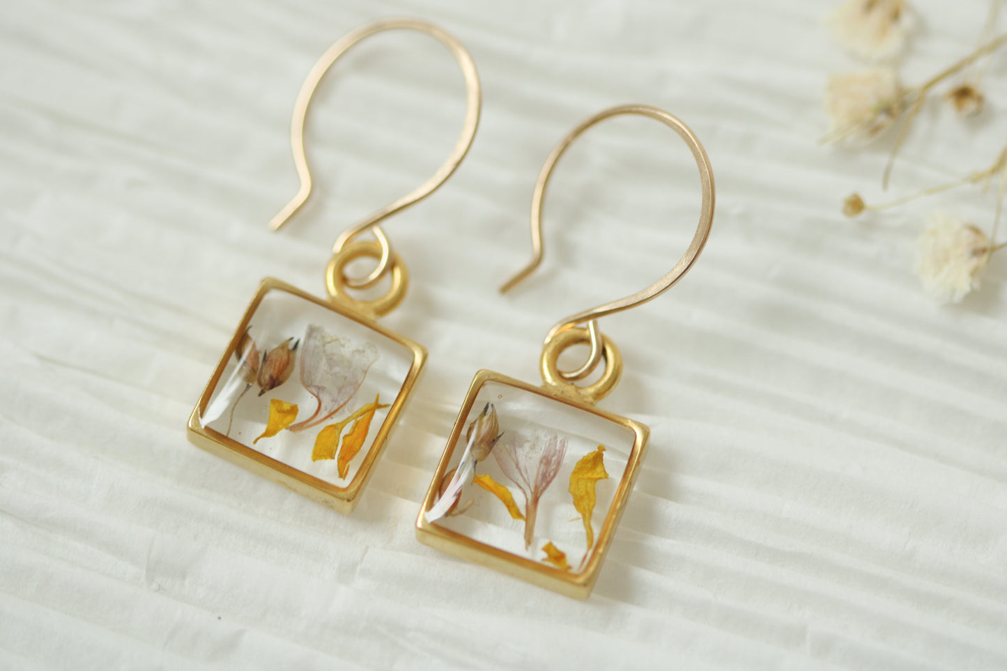 Gold Mini Square Earrings with Purple and Orange Flowers
