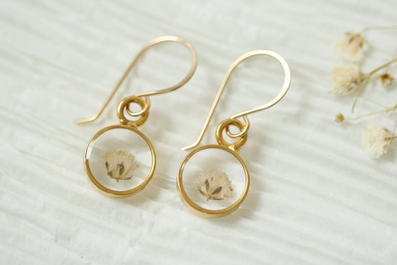 Gold Mini Circle Earrings with White Flower